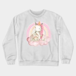 Cute pink baby unicorn with her favourite bunny toy sitting on a fluffy pink cloud Crewneck Sweatshirt